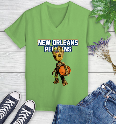 New Orleans Pelicans NBA Basketball Groot Marvel Guardians Of The Galaxy Women's V-Neck T-Shirt 11