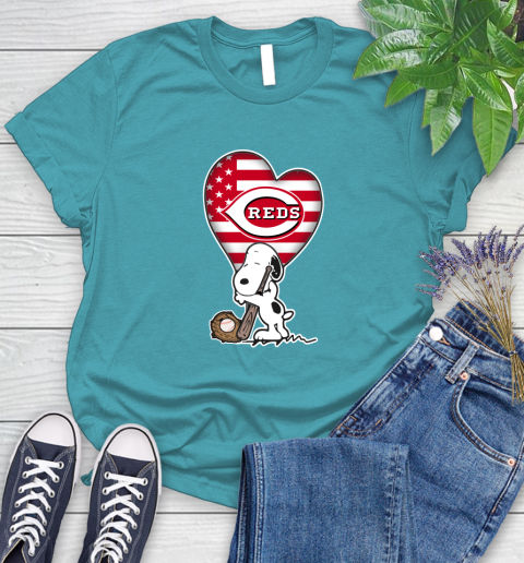 Cincinnati Reds MLB Baseball The Peanuts Movie Adorable Snoopy Women's T-Shirt 12