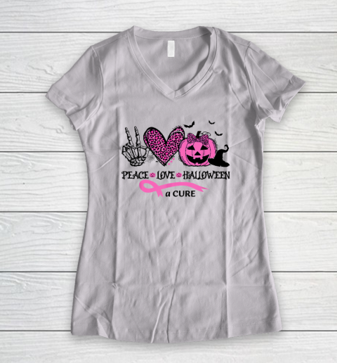 Peace Love Halloween And A Cure Breast Cancer Halloween Women's V-Neck T-Shirt