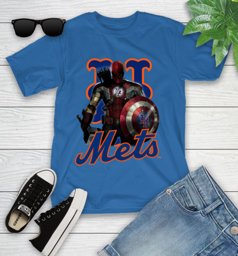 MLB Captain America Thor Spider Man Hawkeye Avengers Endgame Baseball New York Mets Youth T-Shirt 9