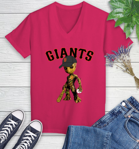 MLB San Francisco Giants Groot Guardians Of The Galaxy Baseball Women's V-Neck T-Shirt 9