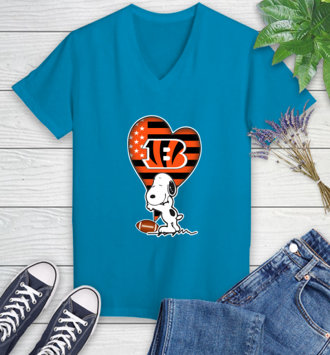 Cincinnati Bengals NFL Football The Peanuts Movie Adorable Snoopy Women's V-Neck T-Shirt 7