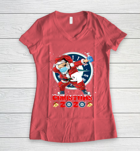 Seattle Mariners Funny Santa Claus Dabbing Christmas 2020 MLB Women's V-Neck T-Shirt 4