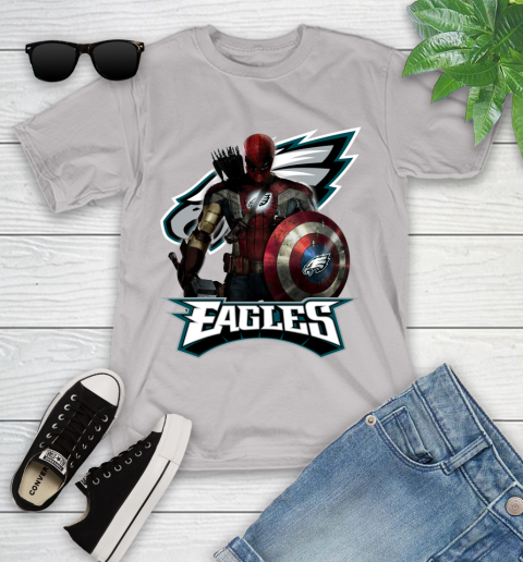 NFL Captain America Thor Spider Man Hawkeye Avengers Endgame Football Philadelphia Eagles Youth T-Shirt 12