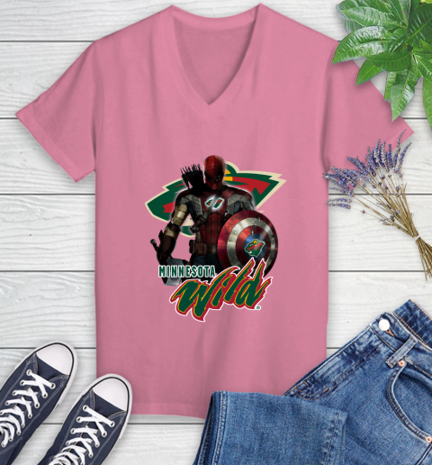 NHL Captain America Thor Spider Man Hawkeye Avengers Endgame Hockey Minnesota Wild Women's V-Neck T-Shirt 13