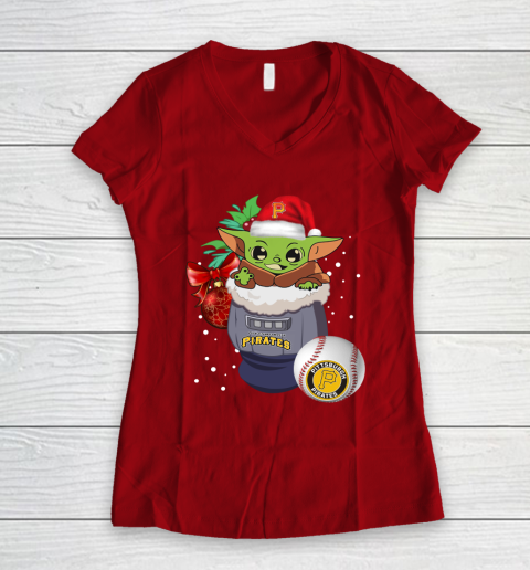 Pittsburgh Pirates Christmas Baby Yoda Star Wars Funny Happy MLB Women's V-Neck T-Shirt 10