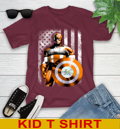 Miami Marlins MLB Baseball Captain America Marvel Avengers American Flag Shirt Youth T-Shirt 5