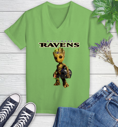 Baltimore Ravens NFL Football Groot Marvel Guardians Of The Galaxy Women's V-Neck T-Shirt 11