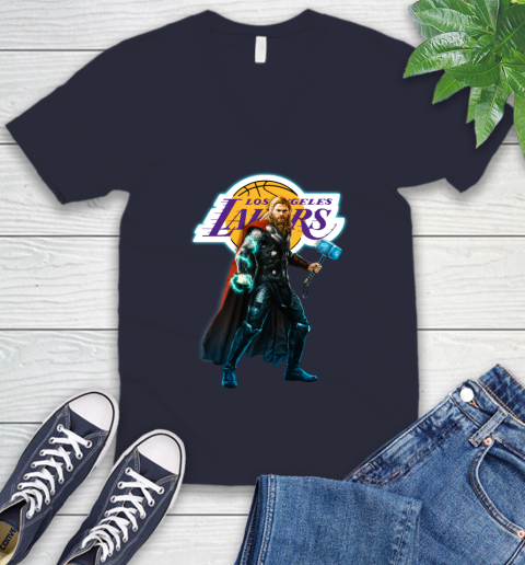 NBA Thor Avengers Endgame Basketball Los Angeles Lakers V-Neck T-Shirt 3