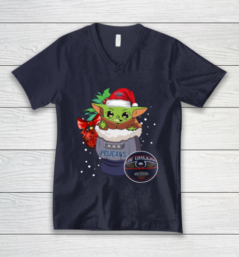 New Orleans Pelicans Christmas Baby Yoda Star Wars Funny Happy NBA V-Neck T-Shirt 3