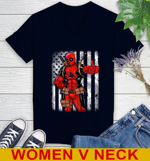 NFL Football Arizona Cardinals Deadpool American Flag Shirt Women's V-Neck T-Shirt 2