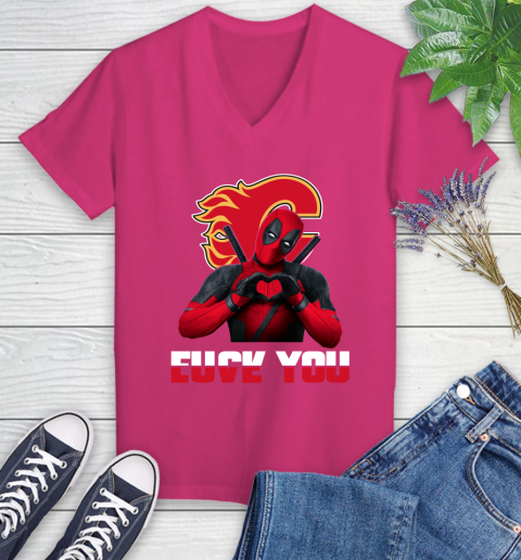 NHL Calgary Flames Deadpool Love You Fuck You Hockey Sports Women's V-Neck T-Shirt 9
