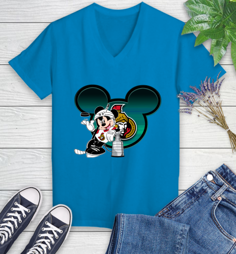 NHL Ottawa Senators Stanley Cup Mickey Mouse Disney Hockey T Shirt Women's V-Neck T-Shirt 7