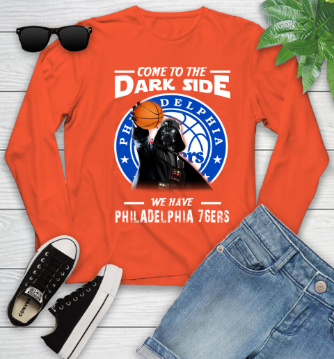 NBA Come To The Dark Side We Have Philadelphia 76ers Star Wars Darth Vader Basketball Youth Long Sleeve 3