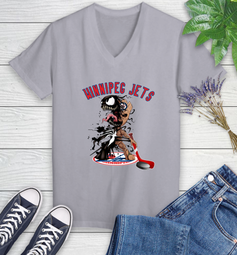 NHL Winnipeg Jets Hockey Venom Groot Guardians Of The Galaxy Women's V-Neck T-Shirt 4