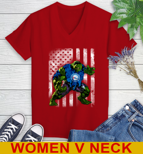 Philadelphia 76ers Hulk Marvel Avengers NBA Basketball American Flag Women's V-Neck T-Shirt 10