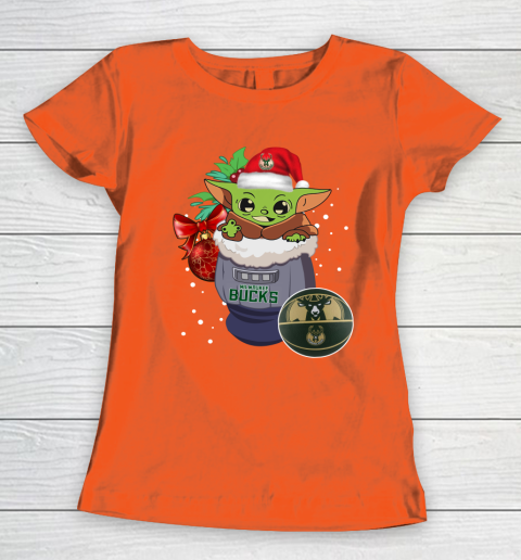 Milwaukee Bucks Christmas Baby Yoda Star Wars Funny Happy NBA Women's T-Shirt 5
