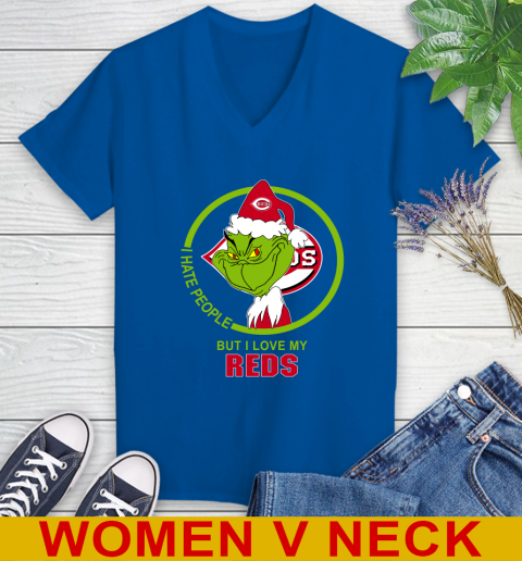 Cincinnati Reds MLB Christmas Grinch I Hate People But I Love My Favorite Baseball Team Women's V-Neck T-Shirt 11