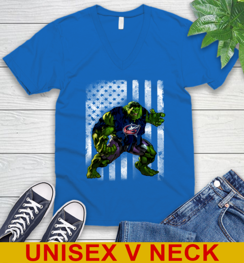 Columbus Blue Jackets Hulk Marvel Avengers NHL Hockey American Flag V-Neck T-Shirt - Image 6