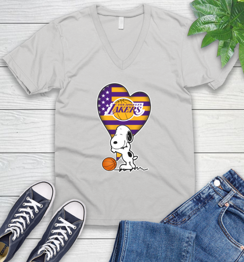 Los Angeles Lakers NBA Basketball The Peanuts Movie Adorable Snoopy V-Neck T-Shirt