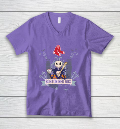 MLB Boston Red Sox Baseball Jack Skellington Halloween V-Neck T-Shirt 8