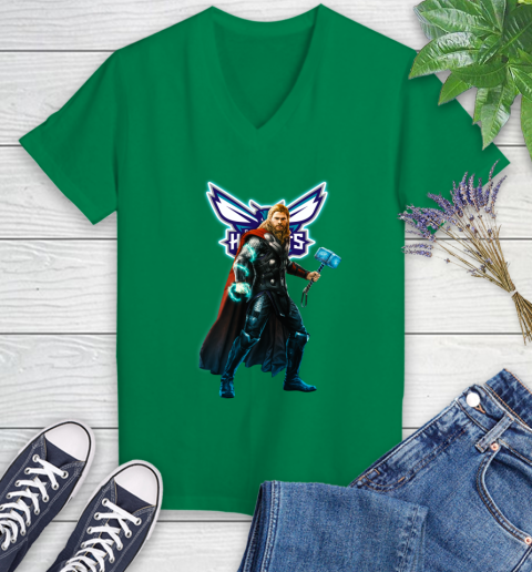 NBA Thor Avengers Endgame Basketball Charlotte Hornets Women's V-Neck T-Shirt 5