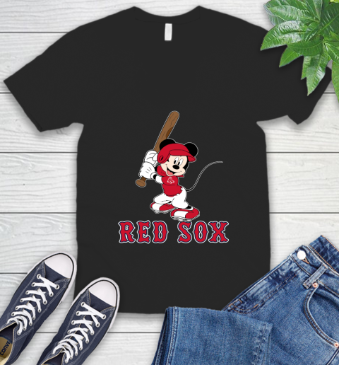 MLB Baseball Boston Red Sox Cheerful Mickey Mouse Shirt V-Neck T-Shirt