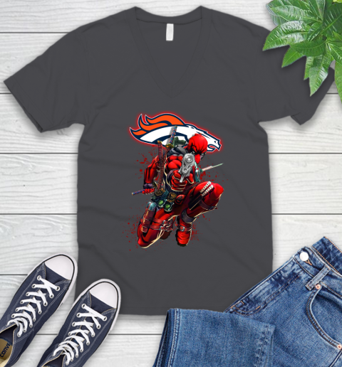 NFL Deadpool Marvel Comics Sports Football Denver Broncos V-Neck T-Shirt 5