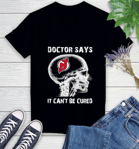 NHL New Jersey Devils Hockey Skull It Can't Be Cured Shirt Women's V-Neck T-Shirt