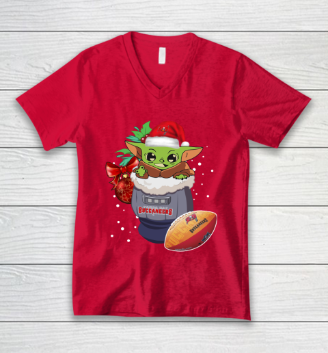 Tampa Bay Buccaneers Christmas Baby Yoda Star Wars Funny Happy NFL V-Neck T-Shirt 7