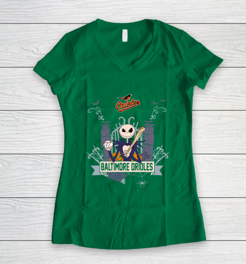 MLB Baltimore Orioles Baseball Jack Skellington Halloween Women's V-Neck T-Shirt - Image 4