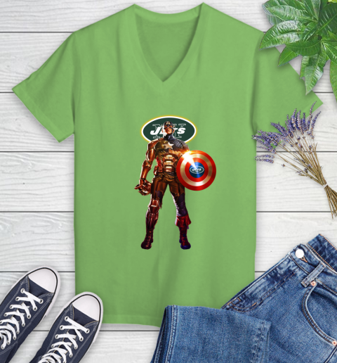 NFL Captain America Marvel Avengers Endgame Football Sports New York Jets Women's V-Neck T-Shirt 11