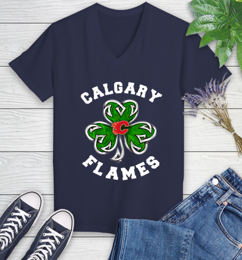 NHL Calgary Flames Three Leaf Clover St Patrick's Day Hockey Sports Women's V-Neck T-Shirt 12