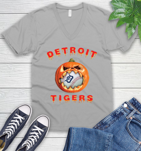 MLB Detroit Tigers Halloween Pumpkin Baseball Sports V-Neck T-Shirt 4