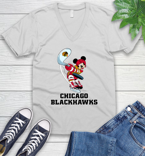 NHL Hockey Chicago Blackhawks Cheerful Mickey Mouse Shirt V-Neck T-Shirt 2