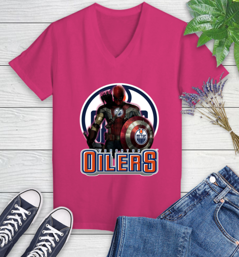 NHL Captain America Thor Spider Man Hawkeye Avengers Endgame Hockey Edmonton Oilers Women's V-Neck T-Shirt 9