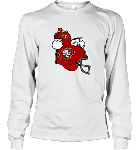 tr6s snoopy and woodstock resting on san francisco 49ers helmet long sleeve tee 14 front white