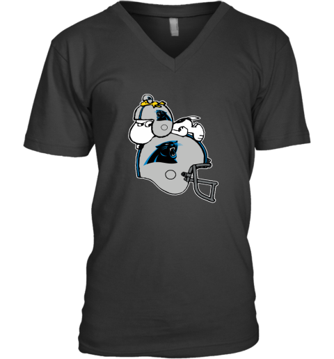 Snoopy And Woodstock Resting On Carolina Panthers Helmet V-Neck T-Shirt