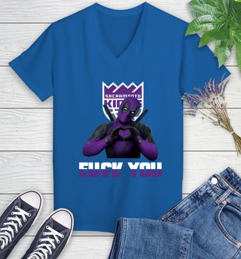 NBA Sacramento Kings Deadpool Love You Fuck You Basketball Sports Women's V-Neck T-Shirt 10