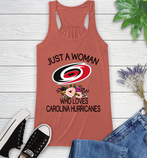 NHL Just A Woman Who Loves Carolina Hurricanes Hockey Sports Racerback Tank 2