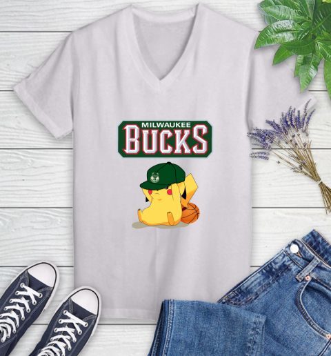 NBA Pikachu Basketball Sports Milwaukee Bucks Women's V-Neck T-Shirt