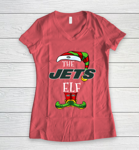 New York Jets Christmas ELF Funny NFL Women's V-Neck T-Shirt 4