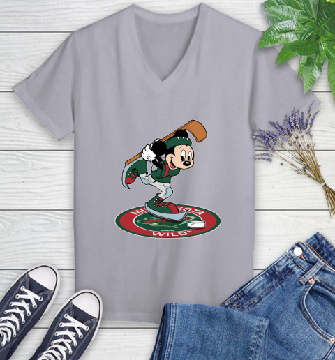 NHL Hockey Minnesota Wild Cheerful Mickey Disney Shirt Women's V-Neck T-Shirt 4