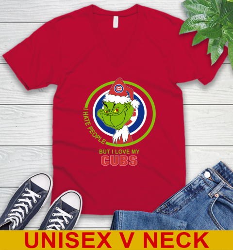 Chicago Cubs MLB Christmas Grinch I Hate People But I Love My Favorite Baseball Team V-Neck T-Shirt 7