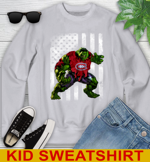Montreal Canadiens Hulk Marvel Avengers NHL Hockey American Flag Youth Sweatshirt 3