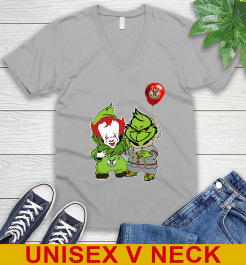 Milwaukee Bucks Baby Pennywise Grinch Christmas NBA Basketball V-Neck T-Shirt 4