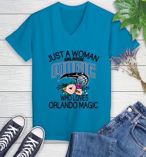 NBA Just A Woman Who Loves Orlando Magic Basketball Sports Women's V-Neck T-Shirt 4