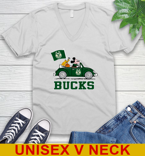 NBA Basketball Milwaukee Bucks Pluto Mickey Driving Disney Shirt V-Neck T-Shirt