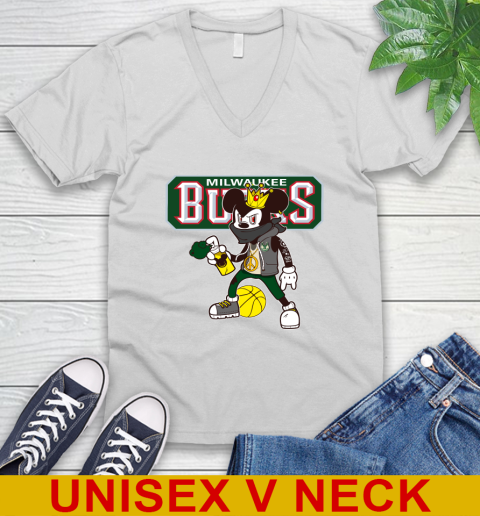 Milwaukee Bucks NBA Basketball Mickey Peace Sign Sports V-Neck T-Shirt