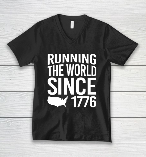 1776 Shirt Guy RUNNING THE WORLD SINCE 1776 V-Neck T-Shirt